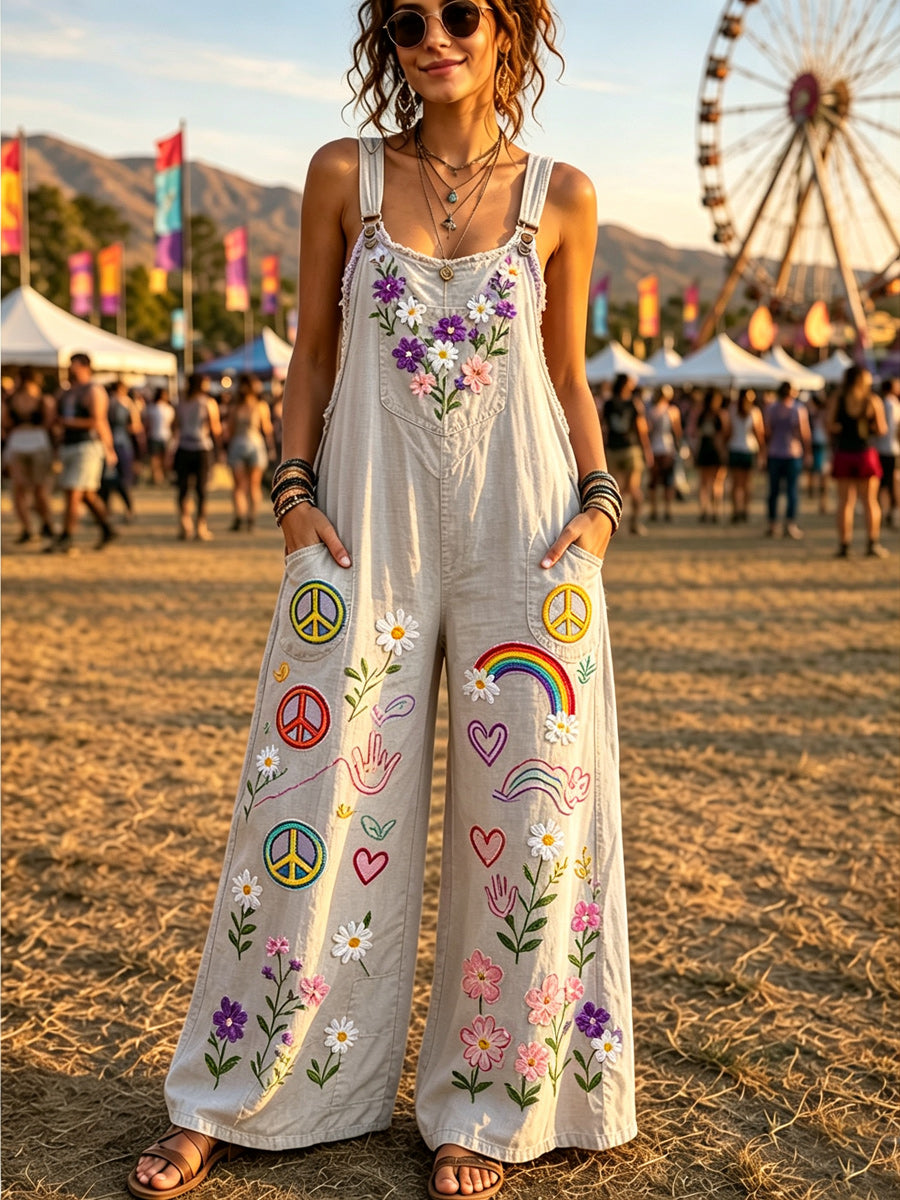 Women's Retro Style Art Print Washed Cotton Denim Patchwork Jumpsuit